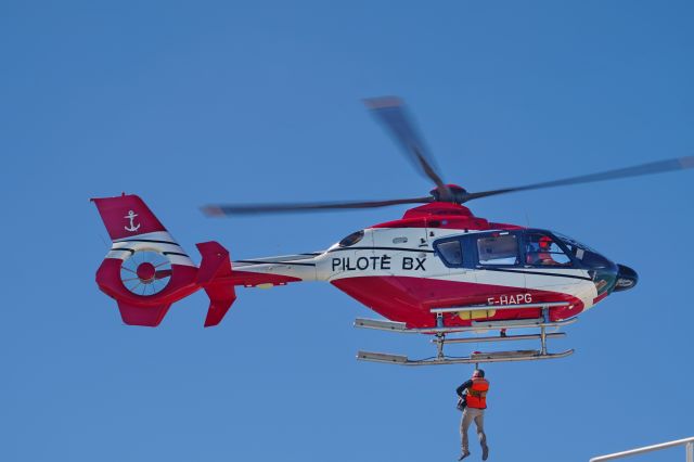 F-HAPG — - “Helitreuillage”: Picking up a ship-pilot by helicopter, as seen from on board the Holland America Line’s cruiseship  MS Prinsendam, leaving the Gironde river outbound to open sea.