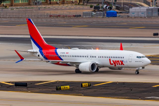 Boeing 737 MAX 8 (C-GUUL) - A Lynx Air 737 MAX 8 taxiing at PHX on 2/14/23. Taken with a Canon R7 and Canon EF 100-400 II L lens.