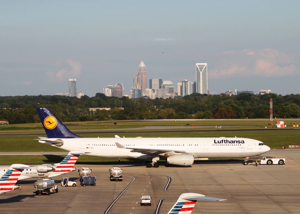 Airbus A330-300 (D-AIKG) - Lufthansa with Charlotte in the background.