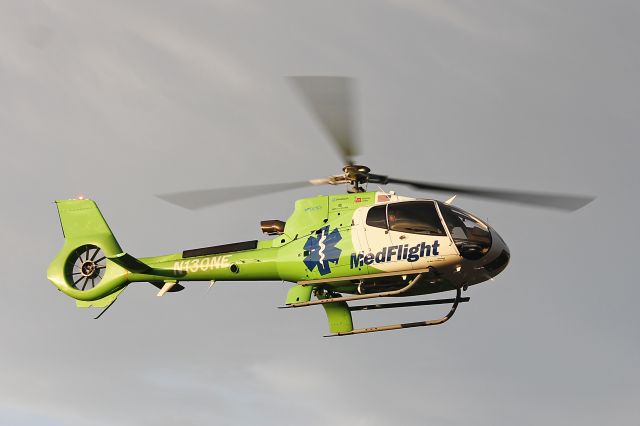 Eurocopter EC-130 (N130NE) - N130NE, a MedFlight Ohio Eurocopter EC 130 B4, c/n 7017, approaching the helipad at Akron General Hospital in Copley, Ohio. MedFlight Ohio, Metro Life Flight, and University Hospitals MedEvac all participated in a joint-training session for firefighters responding to MedEvac emergencies on 18 Oct 2012. A classroom session was held followed by a close-up walk-around of the helicopters.