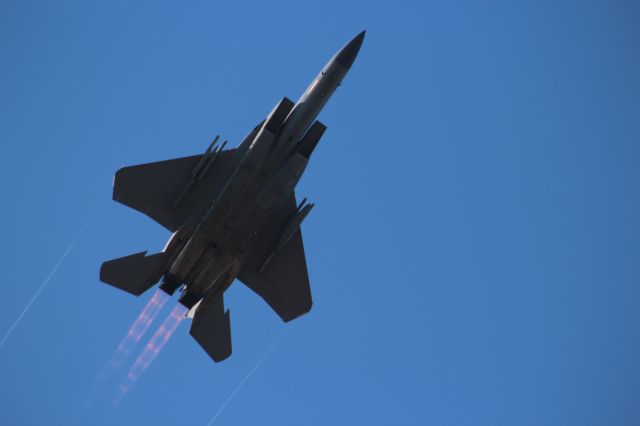 McDonnell Douglas F-15 Eagle (AFR84045) - F-15E from the 142nd Fighter Wing Portland Oregon - going vertical departing Runway 36 Green Bay WI after participating in Green Bay Packers National Anthem Fly-Over 10-29-23 on the day before. 