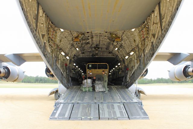 Boeing Globemaster III (97-0048) - A view of the spacious cargo bay of a USAF C-17 Globemaster III from the 445th Airlift Wing, Wright-Patterson AFB, OH.