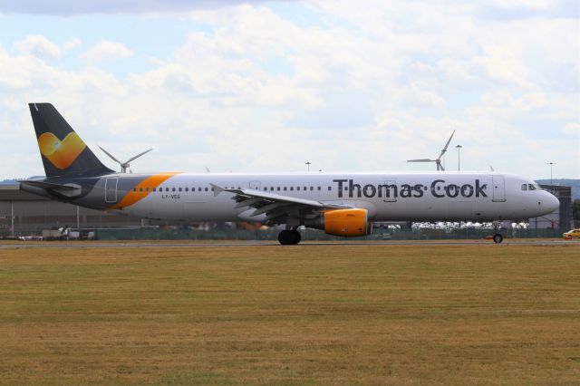 Airbus A321 (LY-VEG) - Thomas Cook Airlines (MT) LY-VEG A321-211 [cn2115]br /East Midlands (EMA): Thomas Cook Airlines flight MT1511 pictured on the runway just arrived from Burgas (BOJ).br /Taken from Disworth Lane, North side of the airfield.br /br /2018 07 31br /a rel=nofollow href=http://alphayankee.smugmug.com/Airlines-and-Airliners-Portfolio/Airlines/EuropeanAirlines/Thomas-Cook-Airlines-MT/https://alphayankee.smugmug.com/Airlines-and-Airliners-Portfolio/Airlines/EuropeanAirlines/Thomas-Cook-Airlines-MT//a