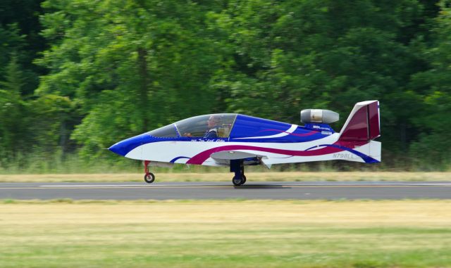 SONEX JSX SubSonex (N798LL) - GREENWOOD LAKE AIRPORT, WEST MILFORD, NEW JERSEY, USA-JUNE 11, 2023: Wth the nose gear of his mini jet just about to touch down, aerobatic pilot Tom Larkin completes his routine at the 2023 Greenwood Lake Air Show.