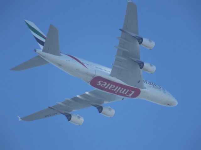 Airbus A380-800 (A6-EDM) - Flight UAE412 at about 5,000 feet over central Auckland NZ on 21/10/2013