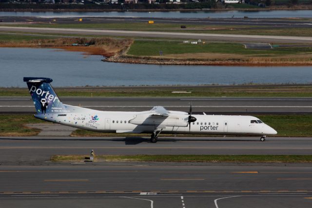 de Havilland Dash 8-400 (C-GLQB) - This Porter Dash 8-Q402 painted in this special livery commemorating Canadas 150th Birthday departs BOS for Toronto City on 10/30/16. 