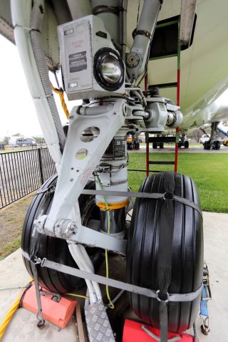 Boeing 747-400 (VH-OJA) - Nose gear of QANTAS, B744, VHOJA on display at the HARS Museum. Behind the nose gear can be seen a fuselage hatch that allows access to the forward equipment bay while on the ground.