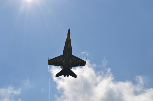 McDonnell Douglas FA-18 Hornet — - Blue Angel on approach to KBOS, War of 1812 commemoration 2012