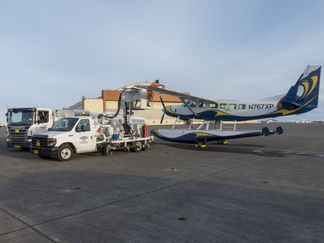 Cessna Caravan (N767XP) - 8 APR 2018. On a ferry flight from India to the USA. The challenges of fueling a high wing aircraft on floats.