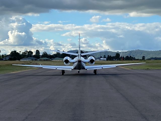 Cessna Citation V (VH-YUL) - Cessna 560 Holding at Rwy 05 and warming the photographer on a cold autumn day