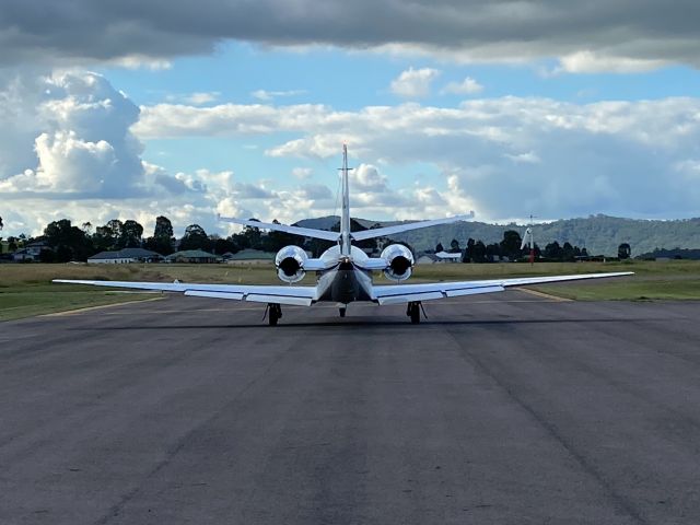 Cessna Citation V (VH-YUL) - Cessna 560 Holding at Rwy 05 and warming the photographer on a cold autumn day