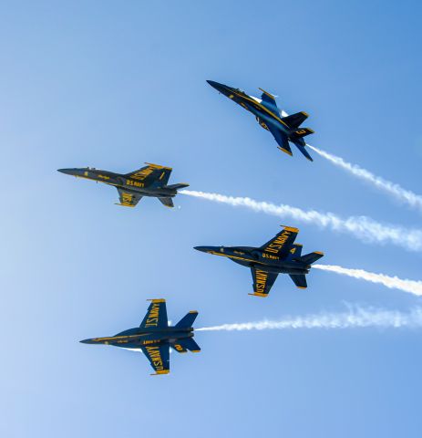 McDonnell Douglas FA-18 Hornet — - U.S Navy Demonstration Squadron Blue Angels perform a diamond break-out