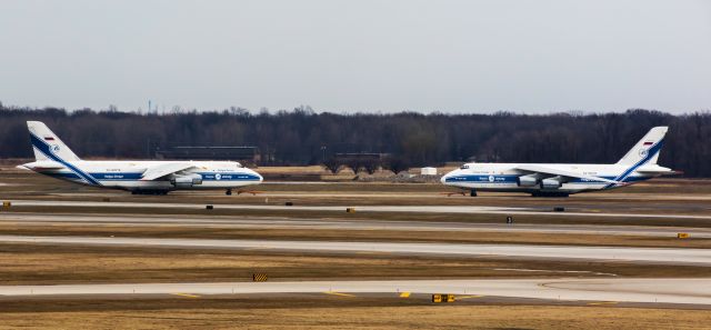 Antonov An-124 Ruslan (RA-82078) - What a rare sight to behold folks! Not one, but TWO Russian Antonov AN-124 Ruslans parked out near the open field at Detroit Metro Airport.br /br /The Antonov to the left (RA-82078) arrived via flight VDA1796 on January 24th, 2016 en route from Edmonton Itl (CYEG). br /The Antonov to the right (RA-82045) arrived via flight VDA1794 on January 22nd, 2016 en route from Edmonton Itl (CYEG). 