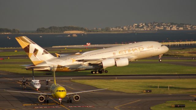 Airbus A380-800 (A6-APC) - A6-APC departs KBOS on runway 22L after diverting from it's AUH-JFK route due to weather at JFK on 8/19/2019. 