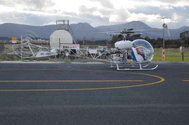 Bell UH-13H (VH-HBY) - Bell 47 at Flinders in transit to Tasmania, June 2017