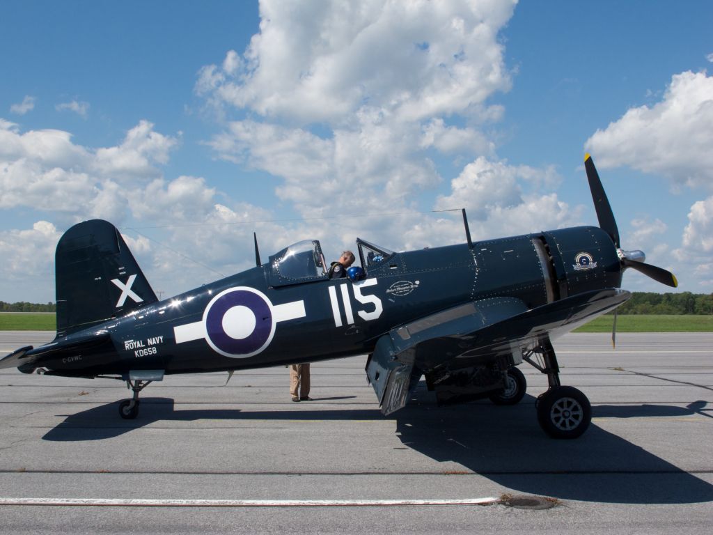 VOUGHT-SIKORSKY V-166 Corsair (C-GVWC) - Goodyear-built FG-1D Corsair operated by Vintage Wings of Canada visiting Kingston in August, 2011.  The aircraft carries Royal Navy Fleet Air Arm markings.