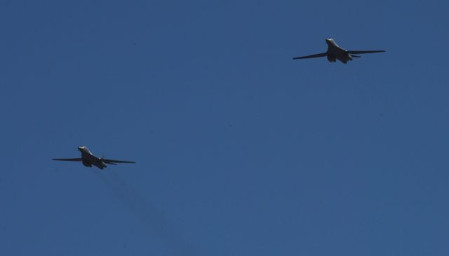 — — - Dark 12(left) and Dark 13(right) of the 7th BW preparing to break for landing at Dyess AFB