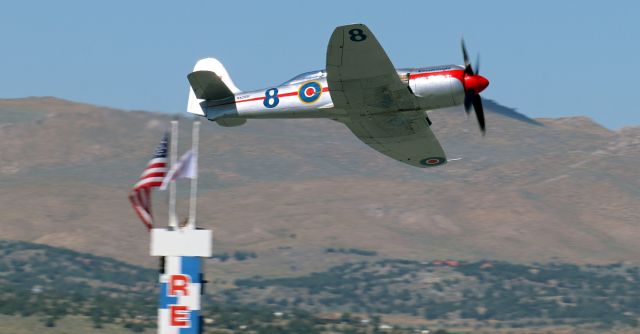 WAR Hawker Sea Fury (NX20SF) - Hawker Sea Fury T 20 (N20SF / NX20SF)br /"Dreadnought"br /..................................br /"Dreadnought" (Race 8) is captured here taking off to make a practice run that it will not complete. As everyone who was at the airport observed, "Dreadnought's" thundering Pratt & Whitney power plant failed in almost this same location (near the Start/Finish Pylon) shortly after this pic was snapped as it was traveling at around 440 MPH, and the pilot was forced to make a superb dead stick emergency landing on RTS's Runway 14.