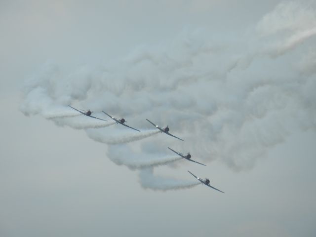 North American T-6 Texan — - The Gieco Skytypers Performing At The 2018 NAS Oceana 75th Anniversary Airshow! Note How There Is Supposed To Be Six, However Only Five, I Cant Believe The Sixth Crash, May The Pilot Rest In Peace ;( He Was A Legend...