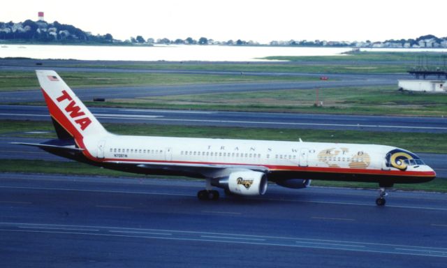 Boeing 757-200 (N709TW) - TWA B757 in St. Louis Rams colors at Logan in July 2001.