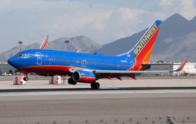 Boeing 737-700 (N213WN) - On the day I captured this landing, the winds were blowing southwest at 15-25mph with gusts over 40mph.