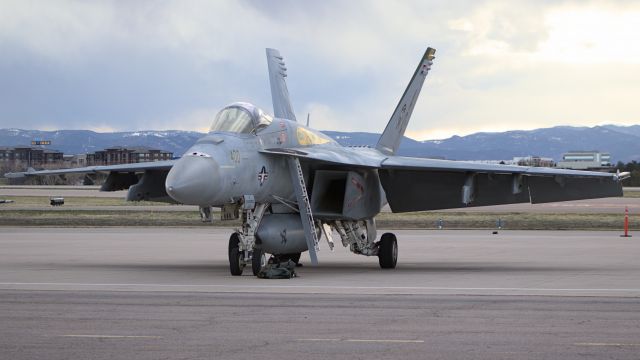 McDonnell Douglas FA-18 Hornet (16-6650) - Hornet sits under the last hour of daylight at Centennial.