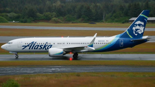 Boeing 737 MAX 8 (N801AK) - Alaska Airlines ASA89/AS89 from Anchorage (PANC/ANC) taxis to the ramp after a rare runway 19 landing. This was the forth ever MAX flight at Kodiak.br /Reg: N801AKbr /MSN: 67802br /Type: Boeing 737-MAX 8--B38M--7M8br /Photo Date: 8-10-24br /Upload date: 12-9-24