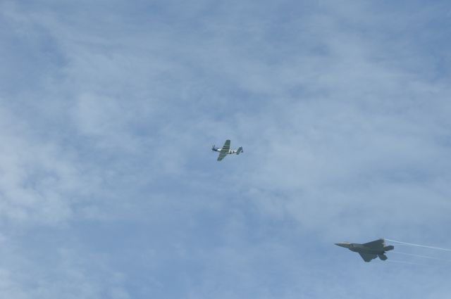 Lockheed F-22 Raptor — - Raptor joining up with Mustang for Heritage Flight at Cocoa Beach Air Show.