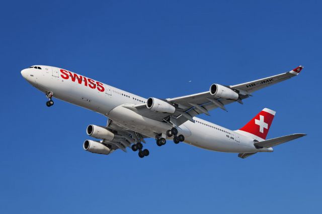 HB-JMK — - A Swiss operated  Airbus A340-300 series widebody quad-jet on final approach to the Los Angeles International Airport, LAX, in Westchester, Los Angeles, California