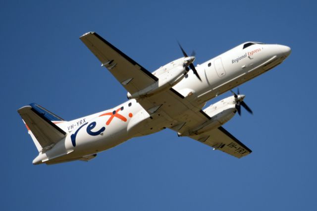 Saab 340 (VH-YRX) - Getting airborne off runway 23.  Monday 25th August 2014. 