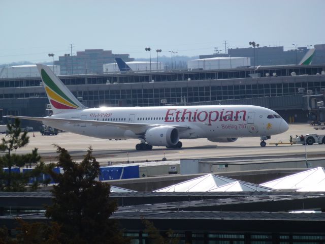 Boeing 787-8 (ET-AOR) - @IAD Daily Parking Garage #2 5th floorbr /Ethiopian 788 pushing back from gate.