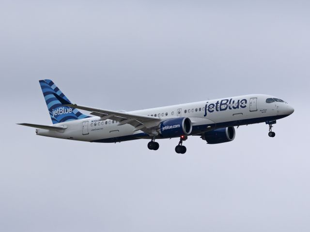 Airbus A220-300 (N3065J) - An Airbus A220-300, “Blue Plane Special”, on final for RWY 24R from Boston Logan Intl (KBOS) this afternoon, 1 Nov 2022.