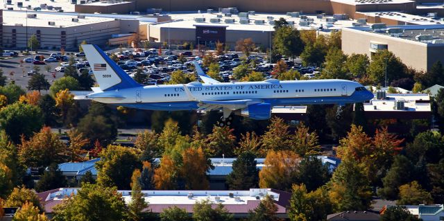 09-0016 — - 09-0016, a VC-32A (military variant of a B752) operating as Air Force One because President Trump is aboard, is captured here passing Reno's Meadowood Mall while on short final to RNO's Runway 34L.