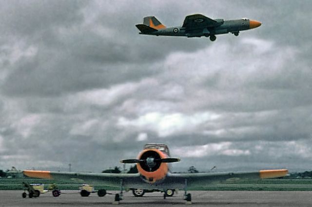 ENGLISH ELECTRIC Canberra (A84502) - English Electric Canberra T4 A84-502 and CAC Winjeel CFS RAAF East Sale (YMES)early 1960s.