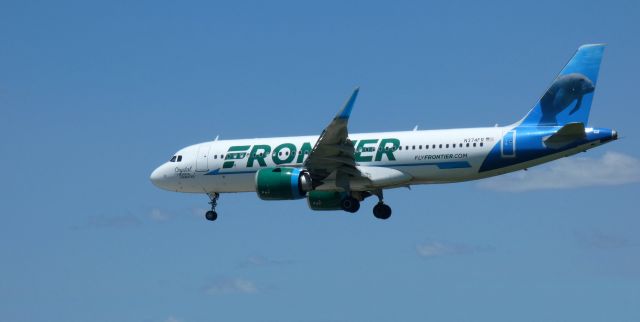 Airbus A320neo (N374FR) - On short final is this 2021 Frontier Airlines Airbus 320-251N with "Crystal" the Frontier Manatee looking on from the Spring of 2022. 