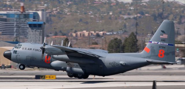 Lockheed C-130 Hercules (93-7314) - A Hercules of the Nevada Air Guards 152nd AW "High Rollers," using the call sign "Roller One Four Flight," has just lifted off runway 16R as the second of a two-ship MITO launch takes place at 10 minutes past straight-up high noon.br /* For a clean, crisp view, I recommend clicking on FULL. *