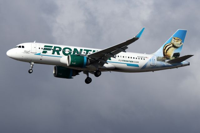 Airbus A320 (N332FR) - 'Hazel the Chipmunk' arriving from Orlando