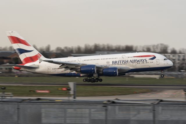 Airbus A380-800 (G-XLED) - 7th March, 2025: Red-eye flight BA 268 from Los Angeles is about to touch down on runway 09L at London Heathrow. 