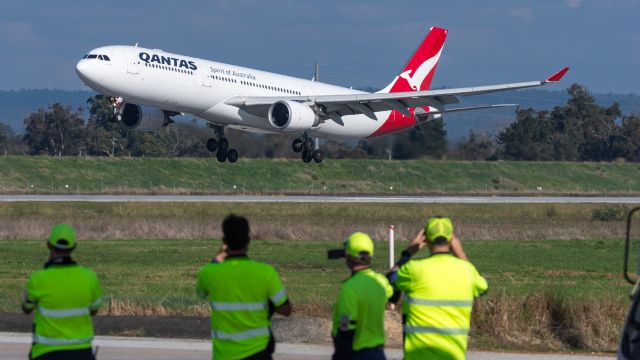 Airbus A330-300 (VH-QPC) - First wide-bodied passenger jet to Busselton after airport upgrades. On charter to the Margaret River Pro Surfing Tour. Flying direct from Sydney.