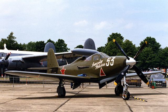 — — - Image taken at Biggin Hill UK approx 1990 - looks like a Russian Bell Aerocobra - they were widely used before the P40 but not turbocharged so were not very good in combat above FL15 - most action in WWII occurred at twice that height. The aircraft though was popular with all those that flew it according to history books with Allison engine behind cockpit, a door for the pilot and tricycle gear - few aircraft has a nose wheel at that time. If any one knows the history of this aircraft, please contact me thru Flt Aware - thanks