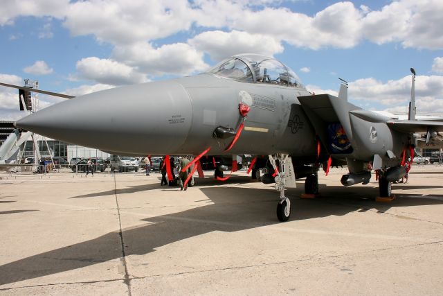 — — - McDonnell Douglas F-15E Strike Eagle USAF presented statically at Paris Le Bourget Air Show in June 2011.