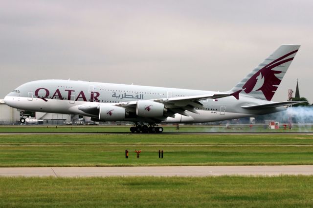 Airbus A380-800 (A7-APJ) - Touching down on rwy 09R on 4-Jun-18 operating flight QTR3 from OTHH.