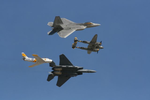 — — - Heritage Flight, F22/F15 break at March Airfest 2010