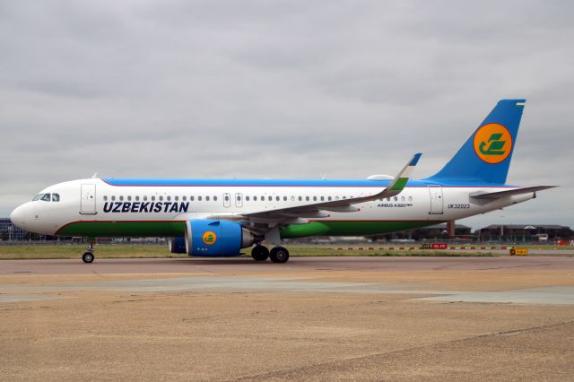 Airbus A320neo (UK-32023) - Taxiing to Stand 223 on 17-Aug-21 operating flight HY201 from UTTT on its first visit to EGLL.