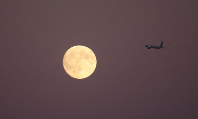 BOEING 757-300 (N75851) - Operating flight from BOS-ORD flies past the moon at dusk.