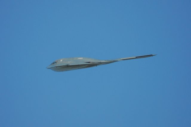 — — - Slim angle of the B-2 flying over Whiteman AFB.