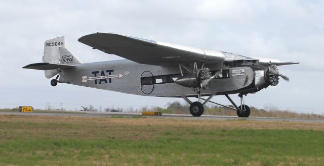 Ford Tri-Motor (NC9645) - A 1928 model Ford 5-AT-B Tri-Motor arriving at H. L. Sonny Callahan Airport, Fairhope, AL - mid-afternoon, March 6, 2022. This marked the first time a Tri-Motor had landed at Fairhope's airport. This aircraft (serial number 8) is owned by the Liberty Aviation Museum in Port Clinton, OH.