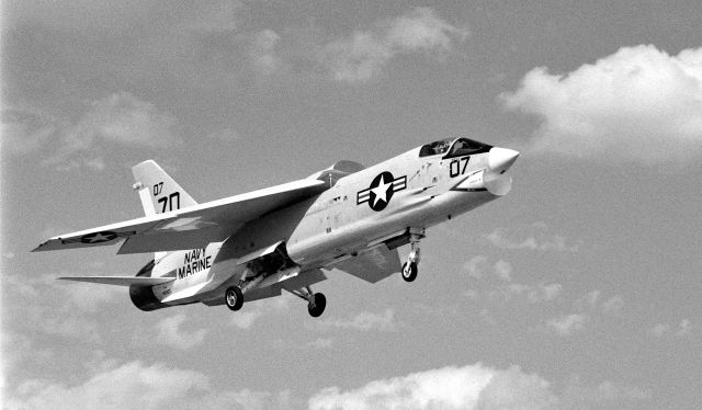 14-6960 — - The Last Gunfighter - Vought F-8C Crusader landing at NAS Dallas after an airshow performance in 1966. BuNo 146960 is shown in pictures on the internet as an F-8C aboard USS Bon Homme Richard with VF-24 in March of 1967, moving to MASDC in April of 1971 as an F-8K, and passing to the New Mexico Institute of Mining and Technology in 1986. Made from the elevated railroad tracks at the north end of Hensley Field.