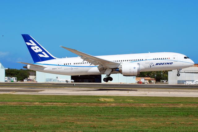 Boeing 787-8 (N787FT) - Boeing/ B787-8 Dreamliner/ N787FT/ TJBQ/ 27enero2011/ 1142hrs    Landing runway 08 Borinquen field after testing flight of caribbean area...    (Nikon D60 + Tamron SP70-300mm VC Di USD (f7.1 @ 1/800seg. ISO 100)