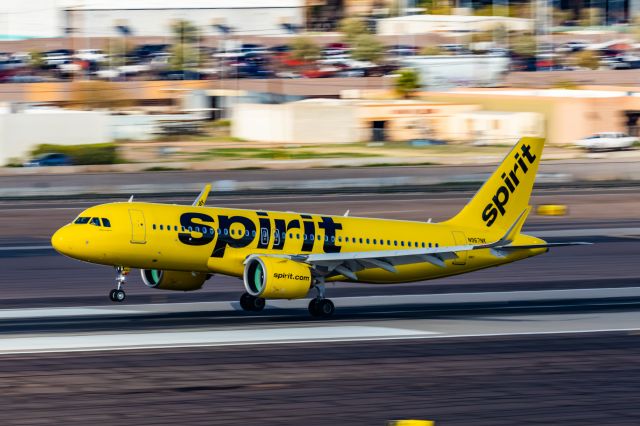 Airbus A320neo (N967NK) - A Spirit Airlines A320 neo landing at PHX on 2/28/23. Taken with a Canon R7 and Canon EF 100-400 L ii lens.